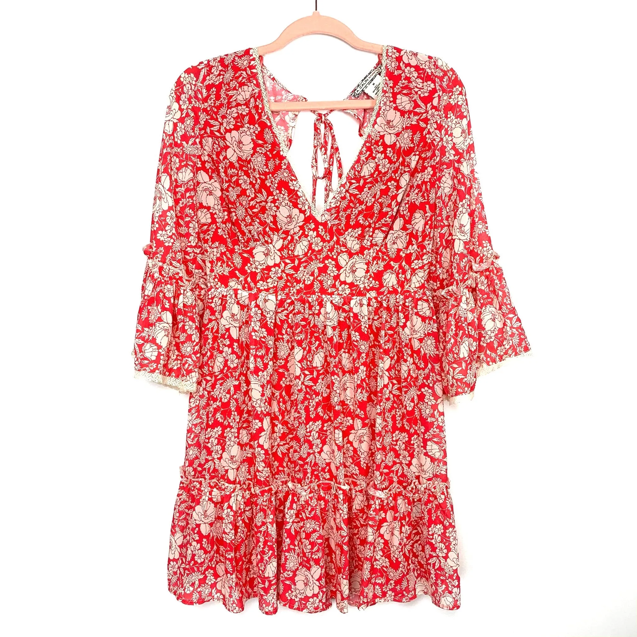 A. Calin By Flying Tomato Red/Cream Floral Pattern Sheer Bell Sleeve Open Back Tie Closure Dress- Size M