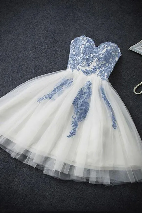 A-line Blue Sweetheart Strapless Appliques Homecoming Dresses  SH790