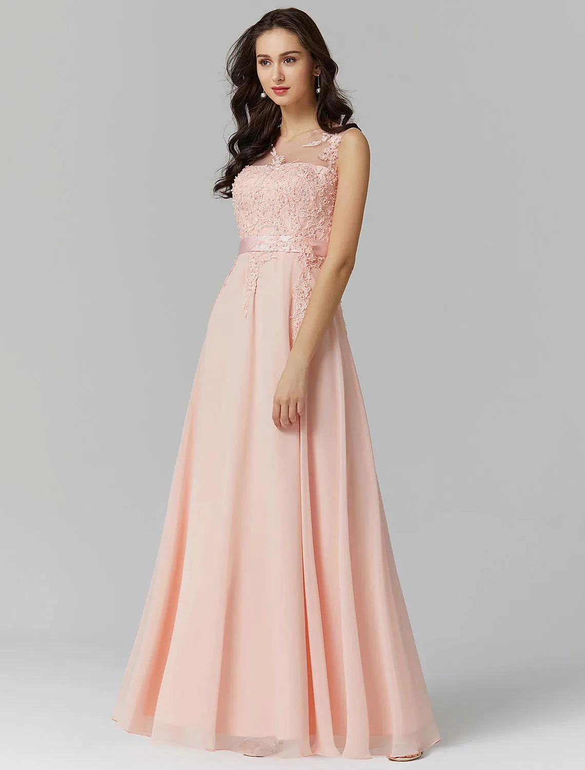 A-Line Chinese Style Dress Wedding Guest Prom Floor Length Sleeveless Illusion Neck Chiffon V Back with Beading Appliques