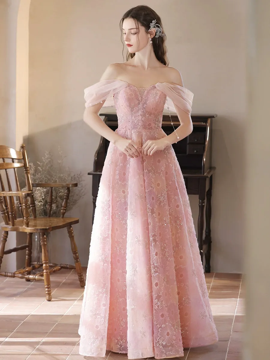 A- Line Off Shoulder Lace Pink Long Prom Dress, Pink Long Evening Dress