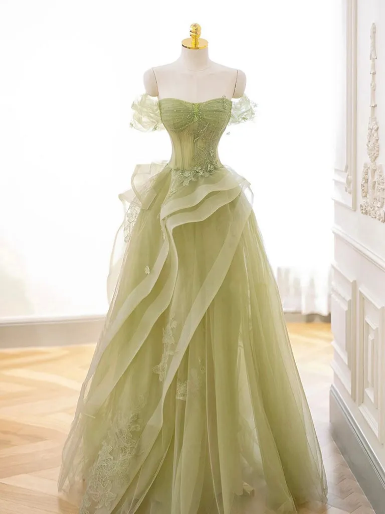 A-Line Off Shoulder Tulle Lace Green Long Prom Dress, Green Lace Long Formal Dress