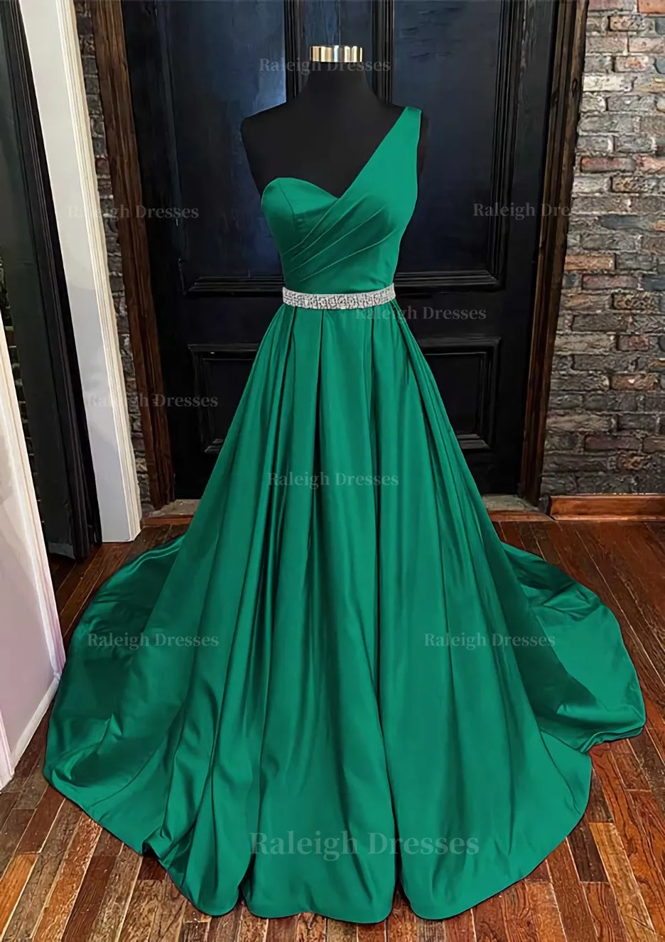 A-line One-Shoulder Sleeveless Satin Long/Floor-Length Prom Dress With Beading Pleated