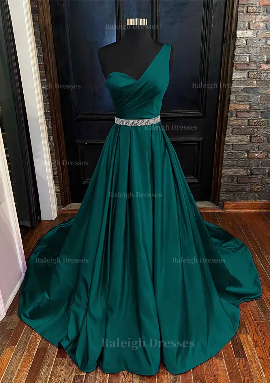 A-line One-Shoulder Sleeveless Satin Long/Floor-Length Prom Dress With Beading Pleated