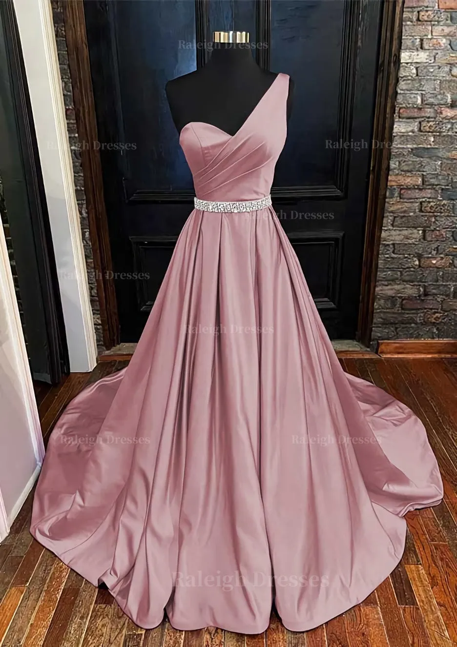 A-line One-Shoulder Sleeveless Satin Long/Floor-Length Prom Dress With Beading Pleated