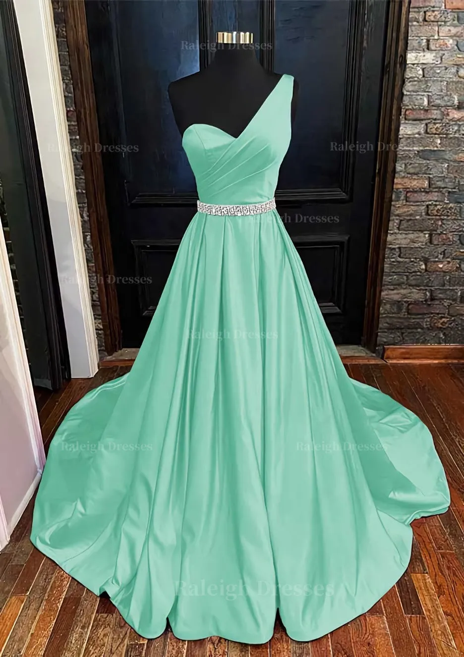 A-line One-Shoulder Sleeveless Satin Long/Floor-Length Prom Dress With Beading Pleated