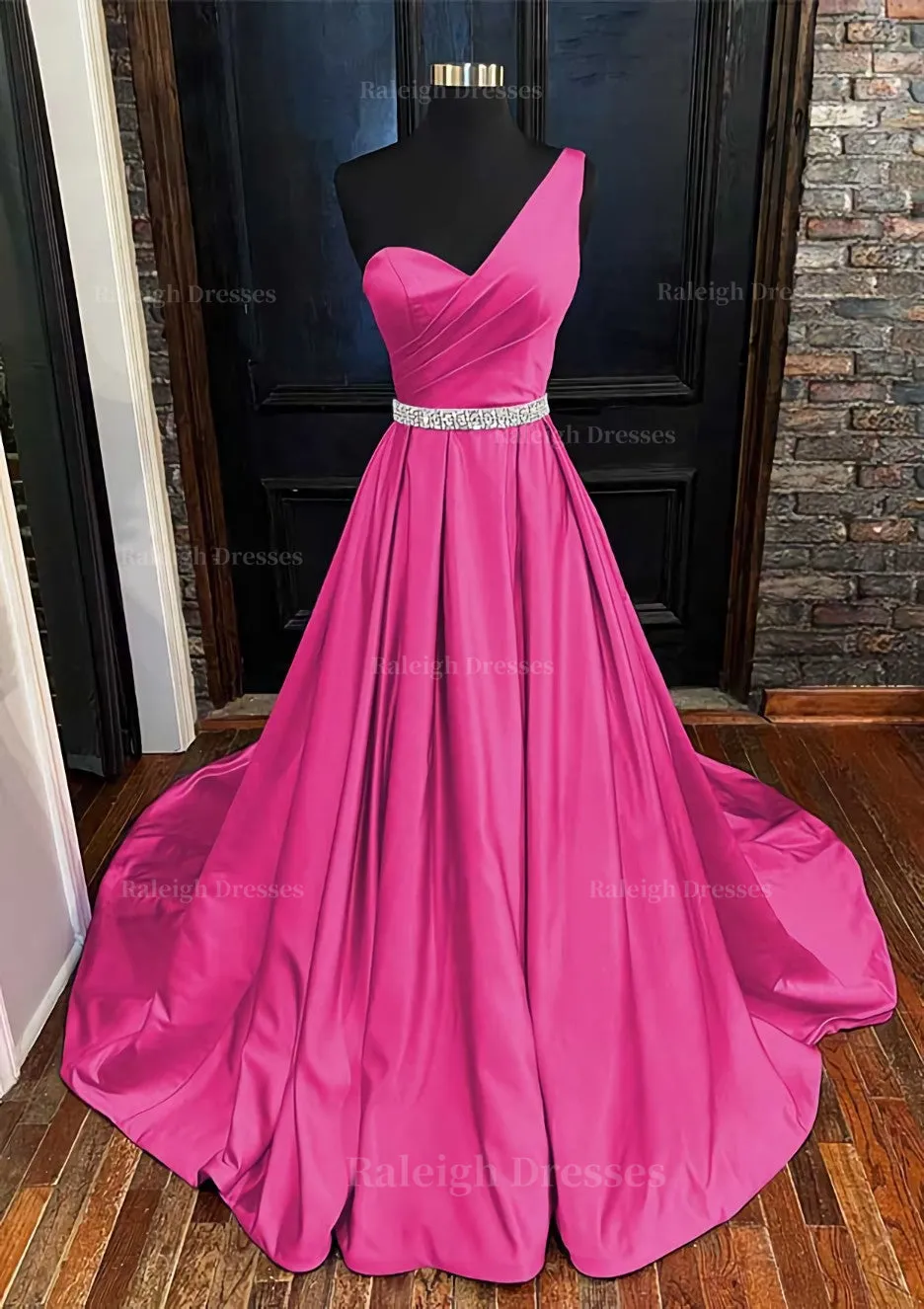 A-line One-Shoulder Sleeveless Satin Long/Floor-Length Prom Dress With Beading Pleated