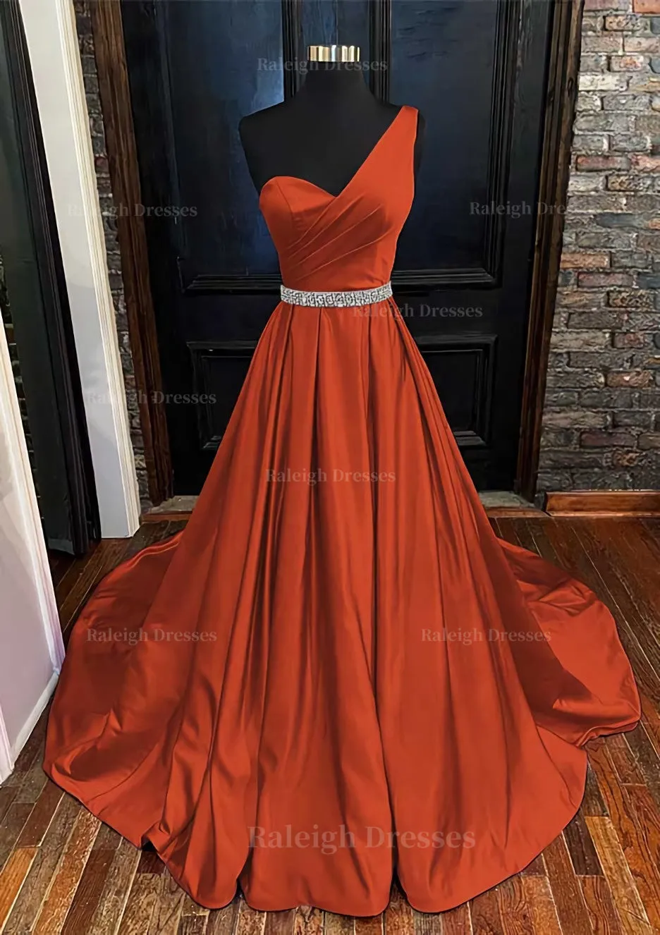 A-line One-Shoulder Sleeveless Satin Long/Floor-Length Prom Dress With Beading Pleated