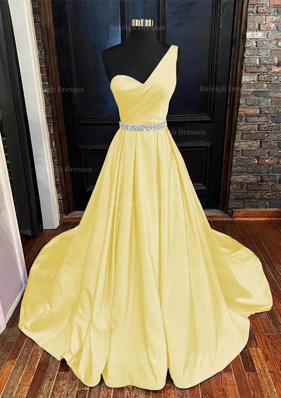 A-line One-Shoulder Sleeveless Satin Long/Floor-Length Prom Dress With Beading Pleated