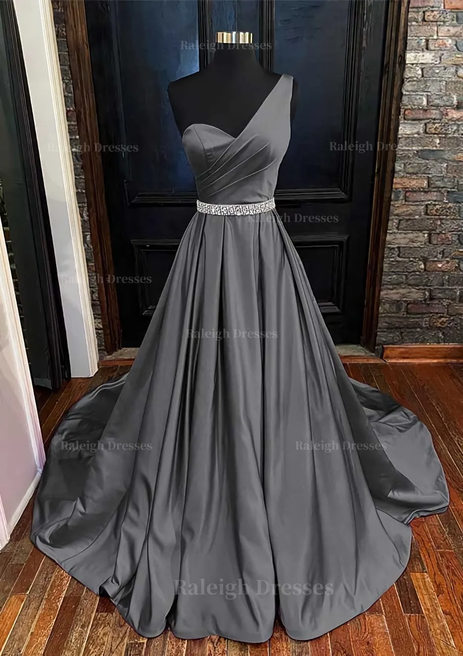 A-line One-Shoulder Sleeveless Satin Long/Floor-Length Prom Dress With Beading Pleated