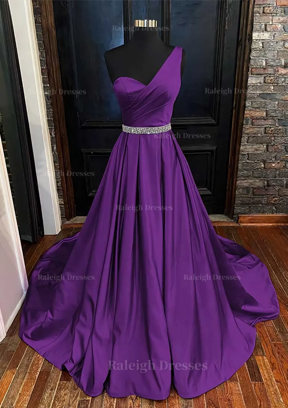 A-line One-Shoulder Sleeveless Satin Long/Floor-Length Prom Dress With Beading Pleated