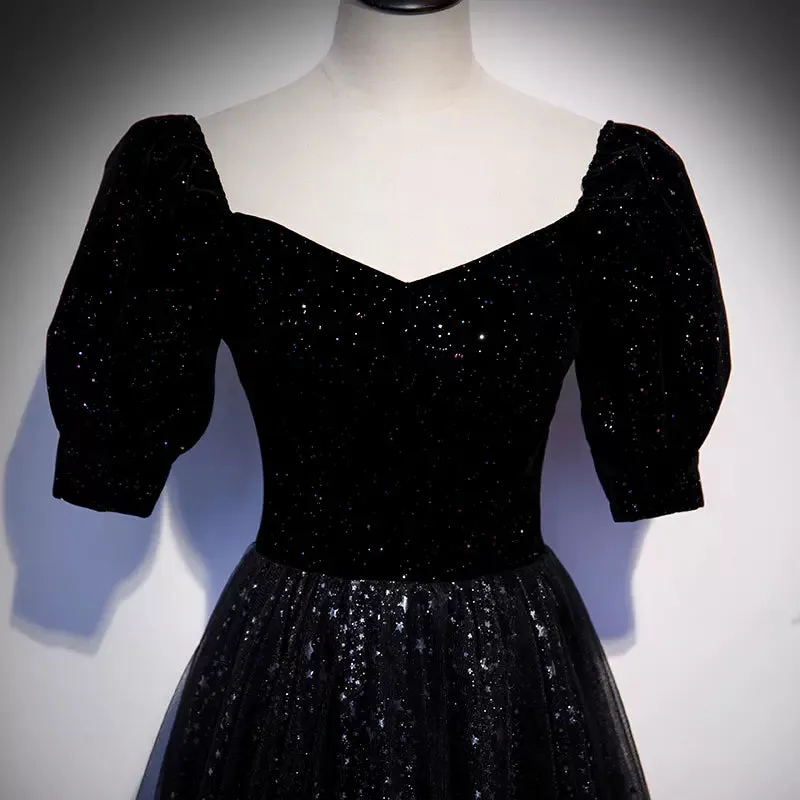 A line Short Sleeves Black Prom Dresses Sexy Evening Dress SH102