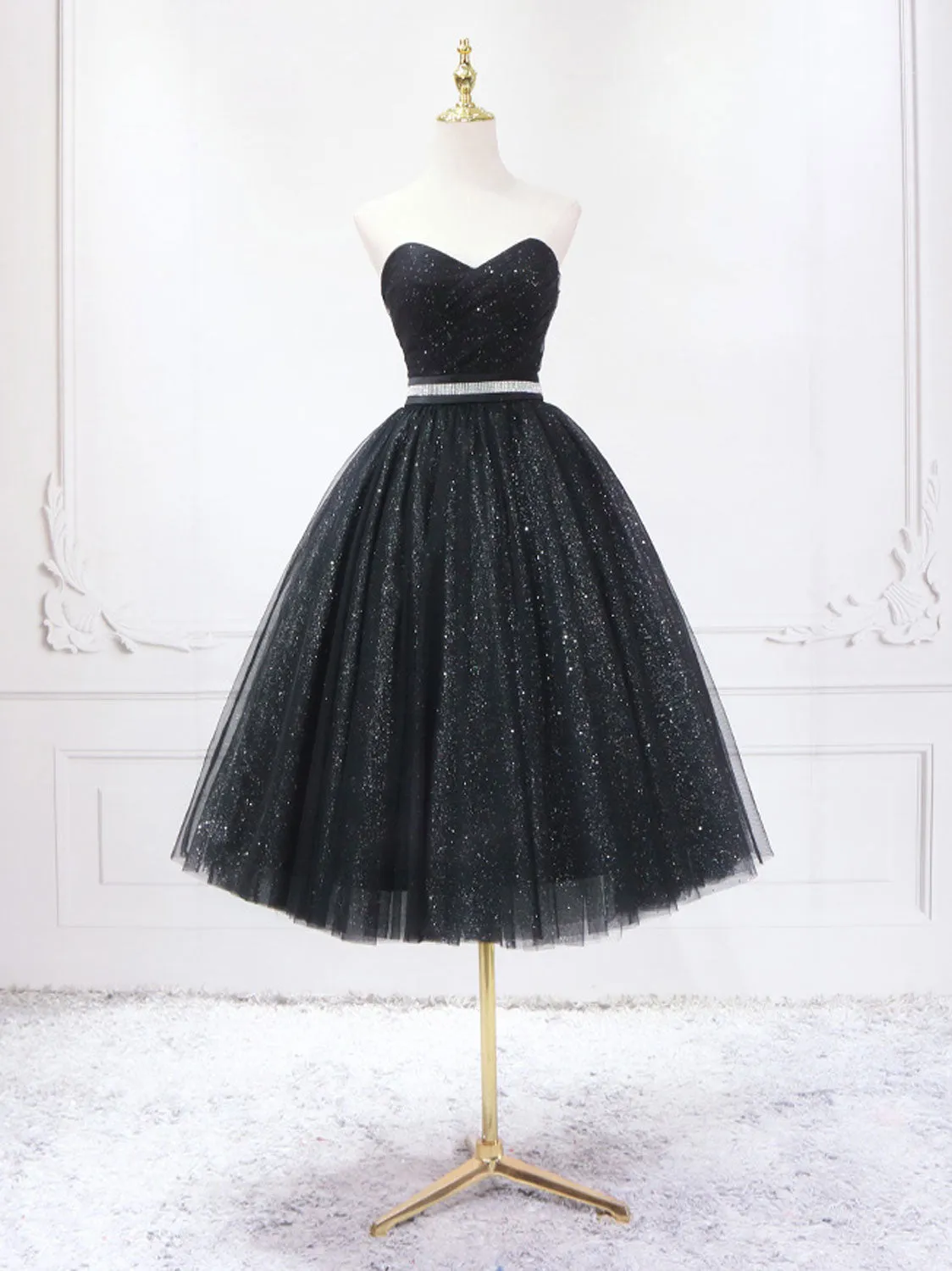 A-Line Sweetheart Neck Black Short Prom Dress, Black Formal Evening Dresses