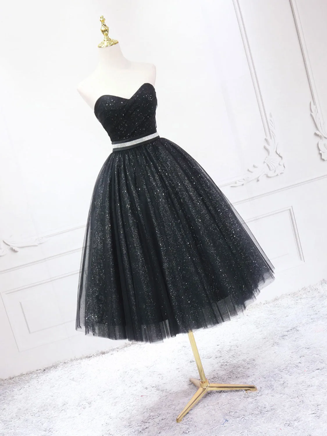 A-Line Sweetheart Neck Black Short Prom Dress, Black Formal Evening Dresses