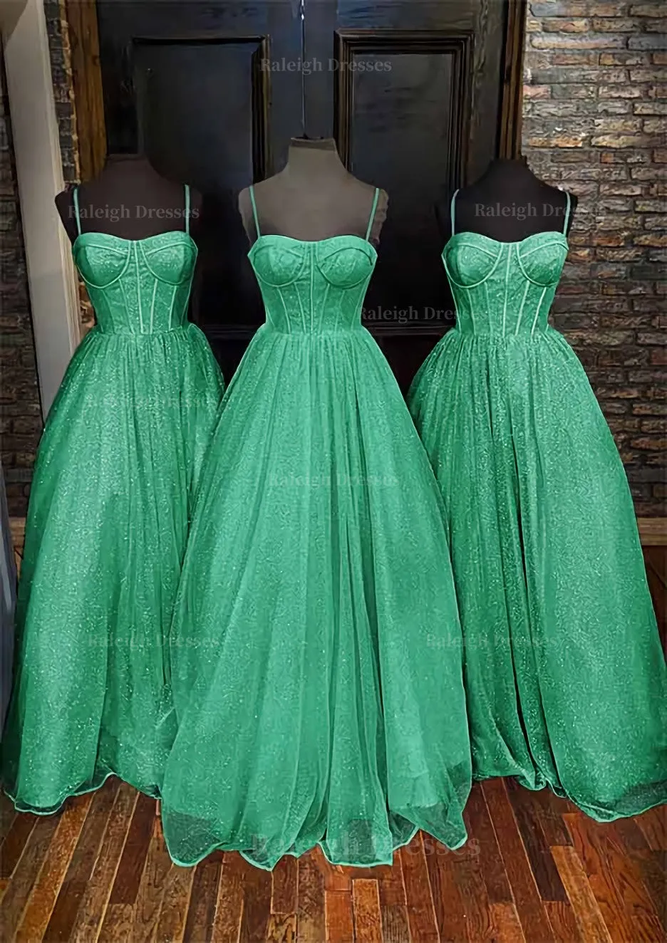 A-line Sweetheart Spaghetti Straps Long/Floor-Length Glitter Prom Dress With Pockets