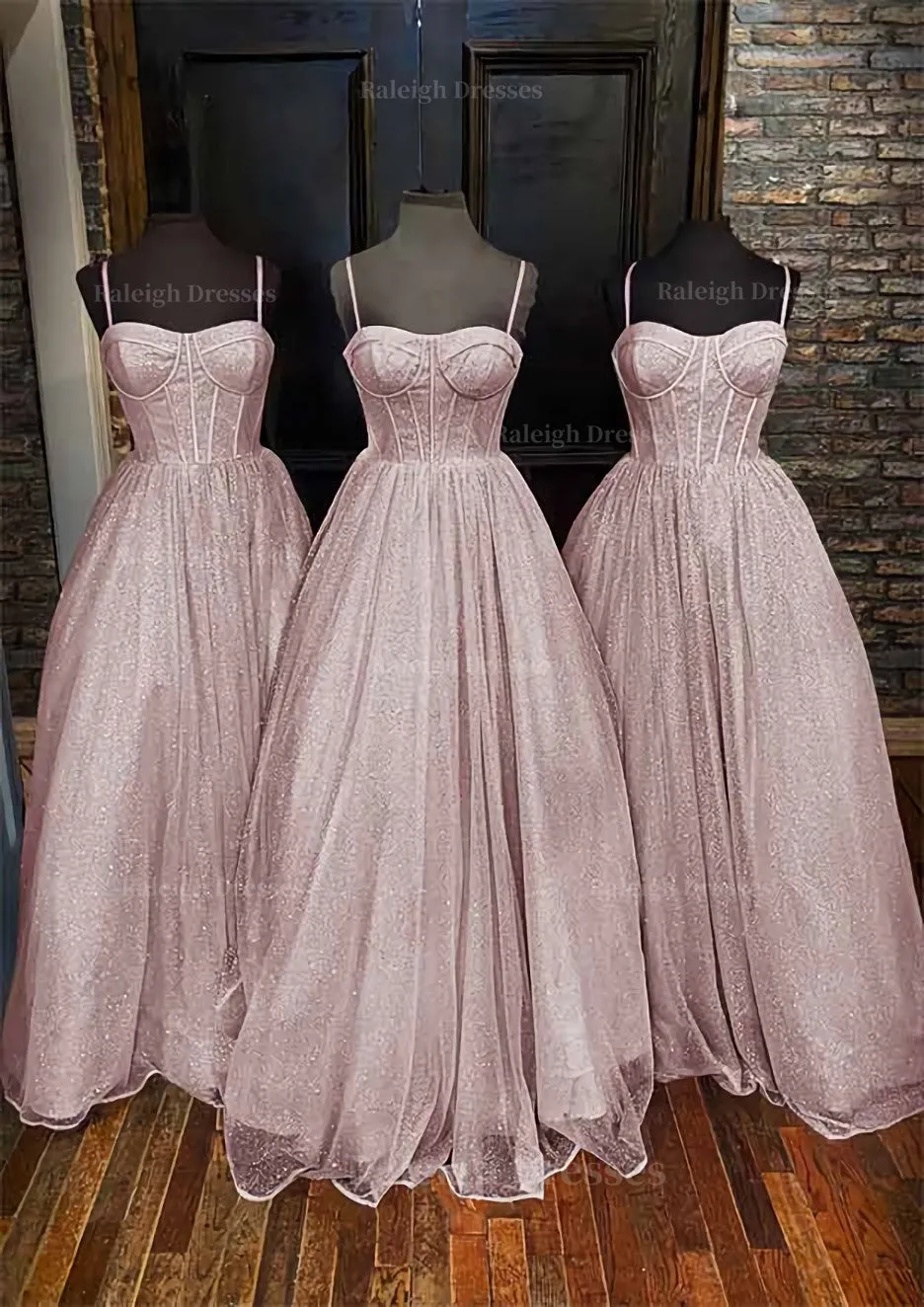 A-line Sweetheart Spaghetti Straps Long/Floor-Length Glitter Prom Dress With Pockets