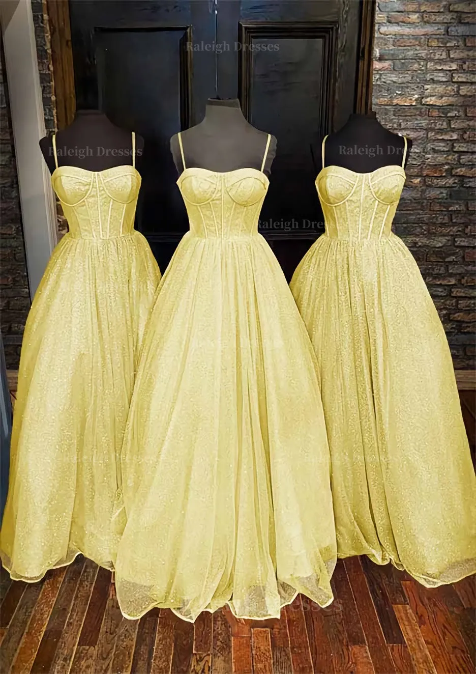 A-line Sweetheart Spaghetti Straps Long/Floor-Length Glitter Prom Dress With Pockets