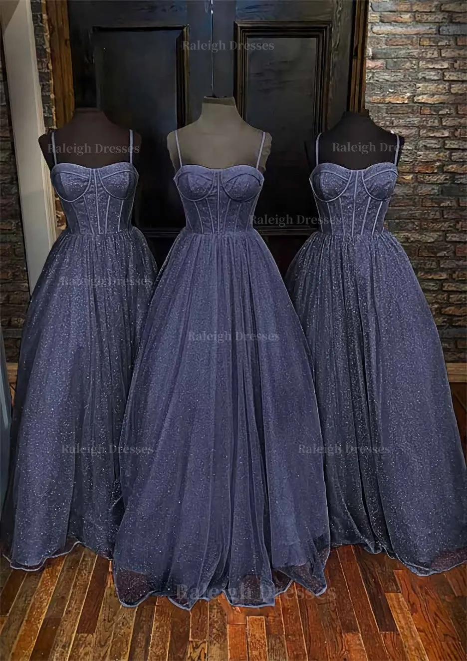 A-line Sweetheart Spaghetti Straps Long/Floor-Length Glitter Prom Dress With Pockets