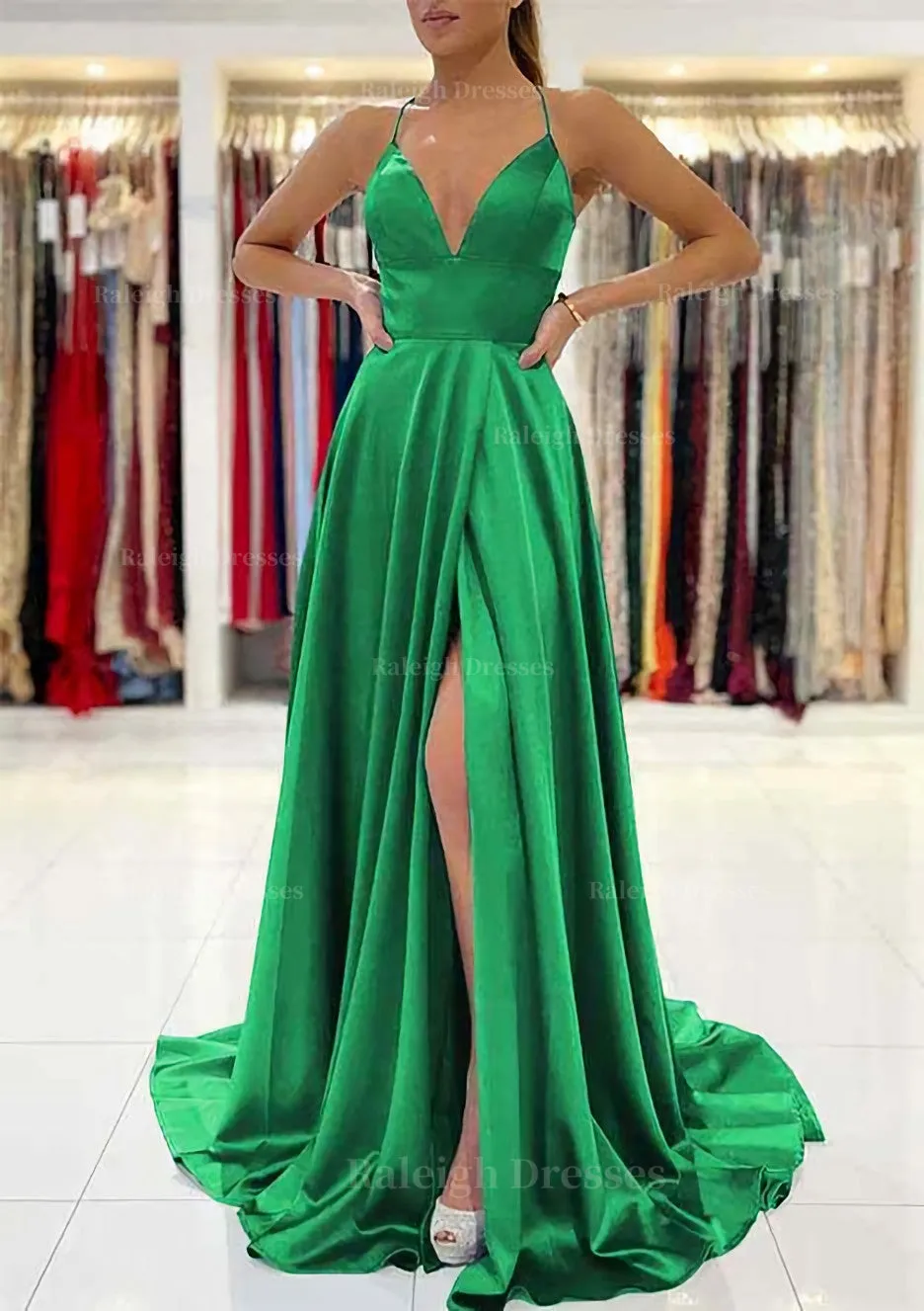 A-line V Neck Sleeveless Charmeuse Sweep Train Prom Dress With Split