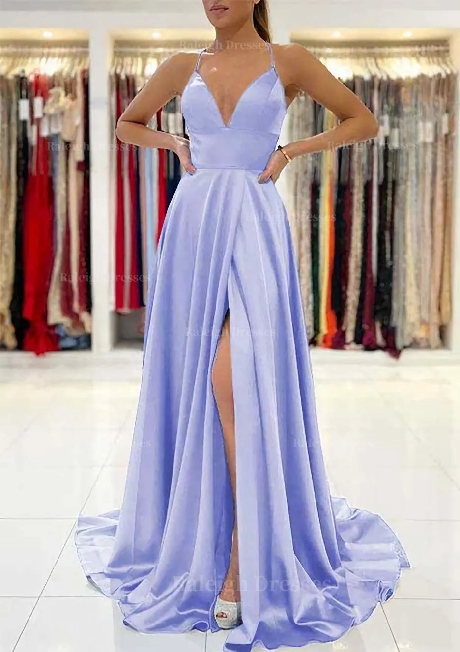 A-line V Neck Sleeveless Charmeuse Sweep Train Prom Dress With Split