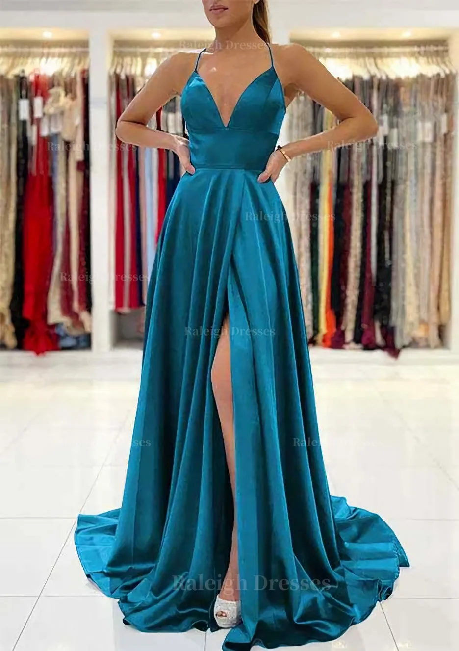 A-line V Neck Sleeveless Charmeuse Sweep Train Prom Dress With Split