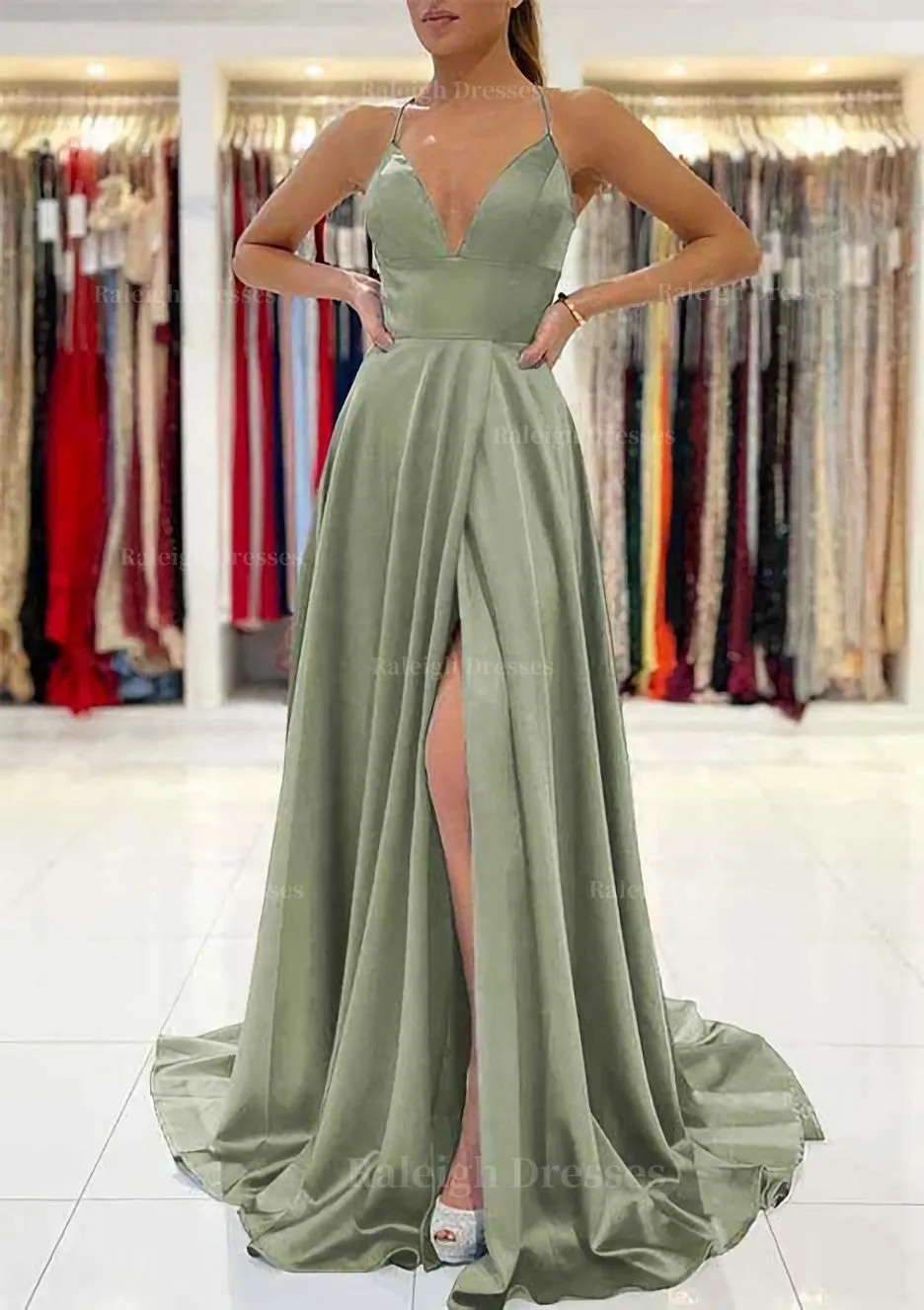 A-line V Neck Sleeveless Charmeuse Sweep Train Prom Dress With Split