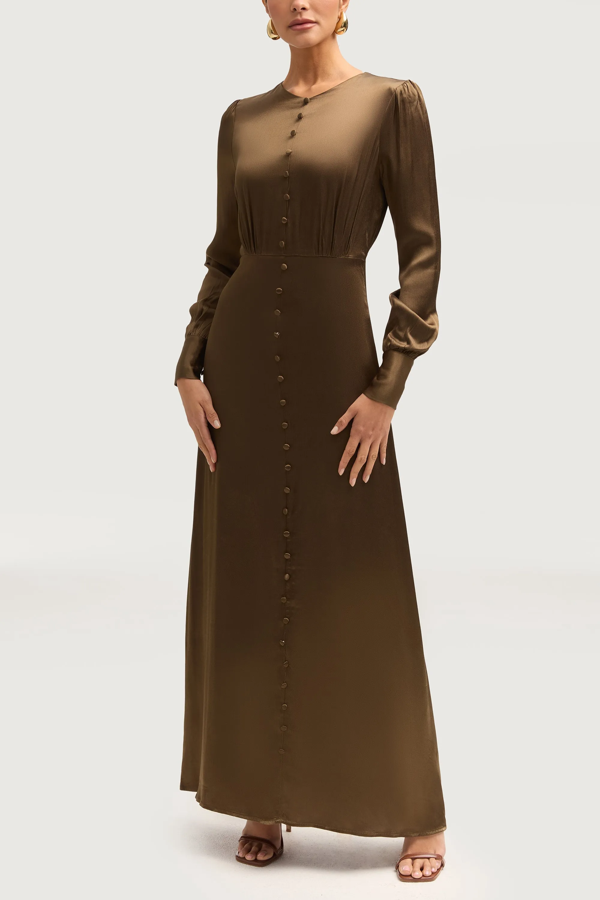 Aafiyat Button Front Silk Maxi Dress - Olive Night