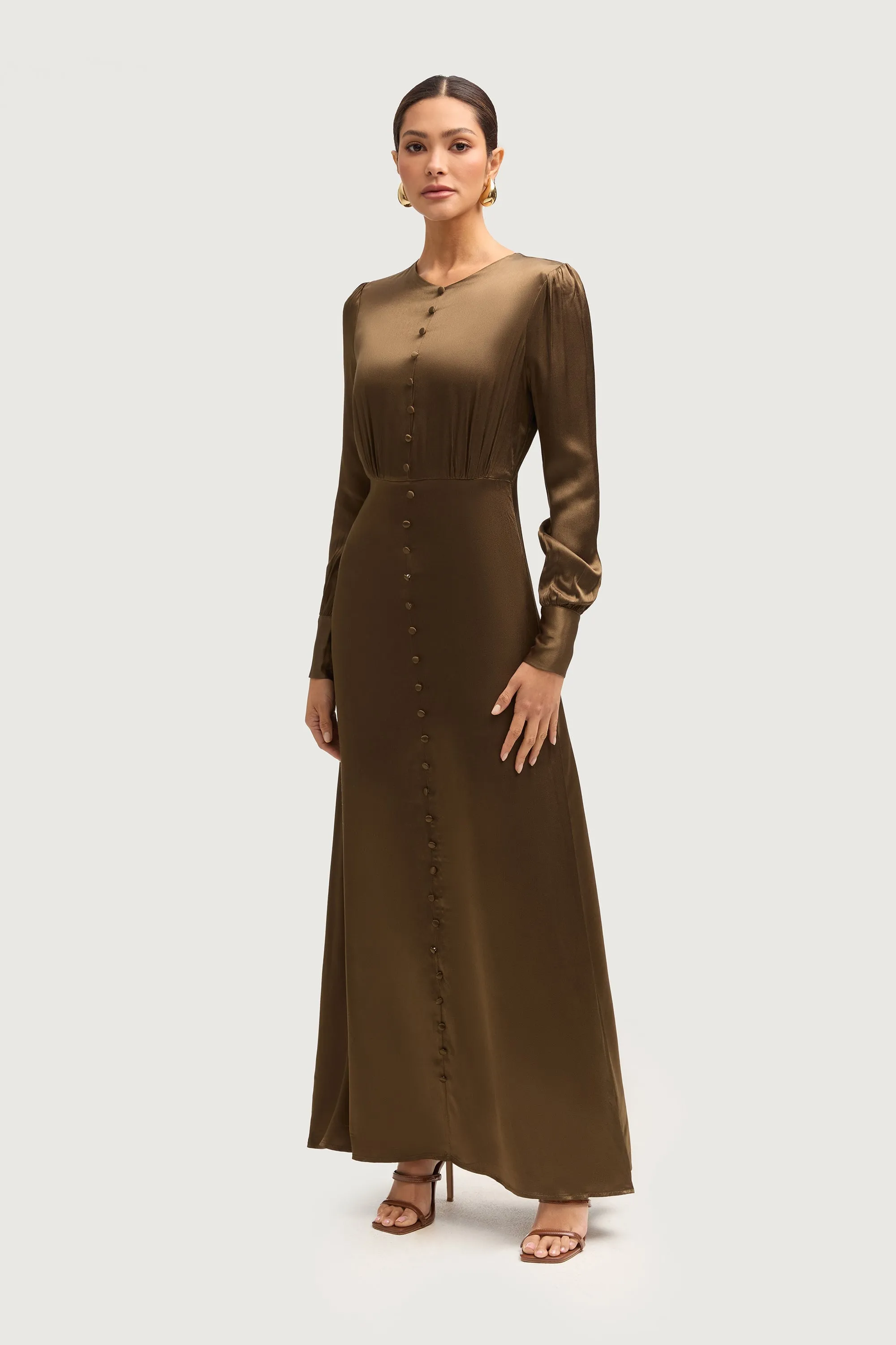 Aafiyat Button Front Silk Maxi Dress - Olive Night