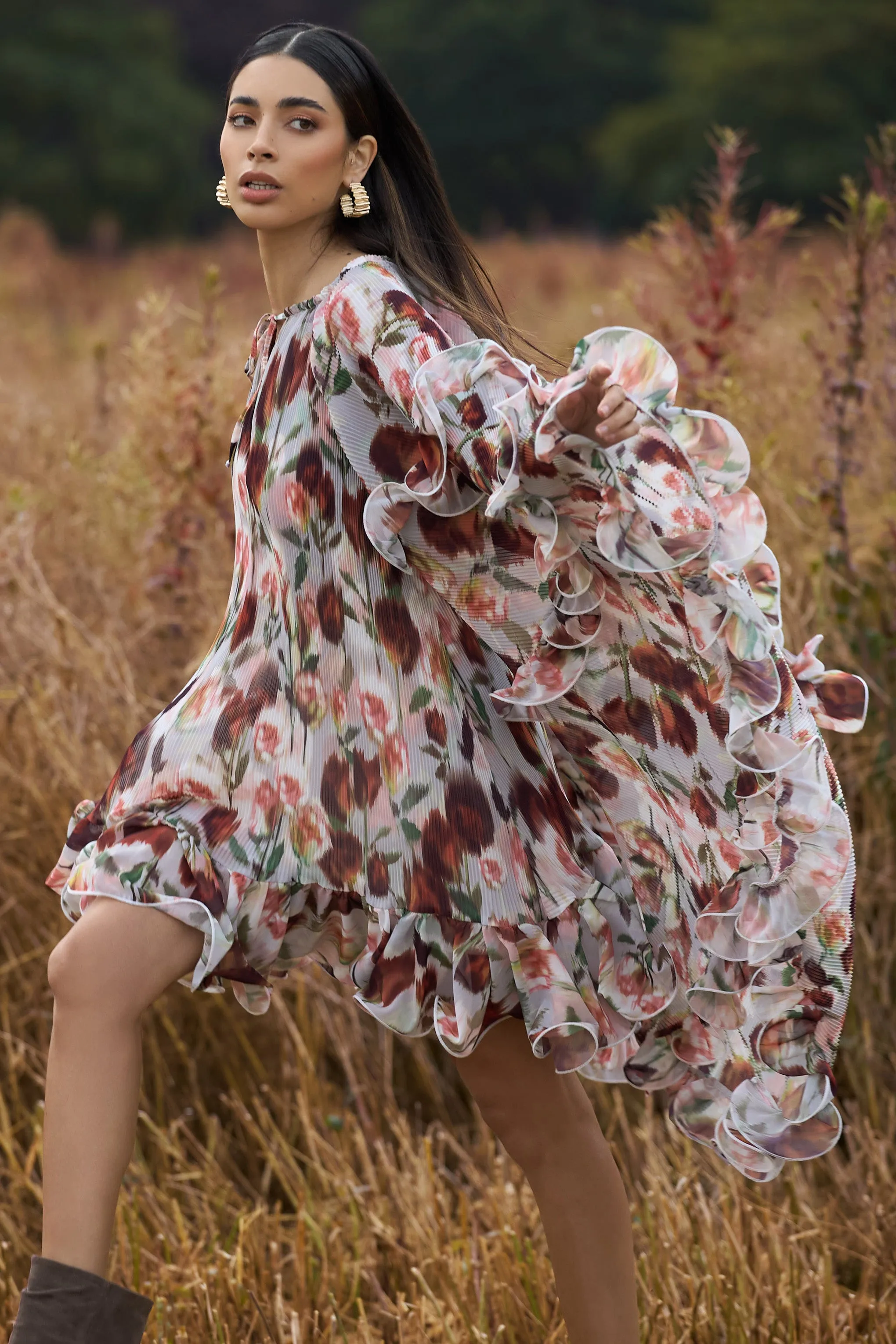 Abelia | Cream Floral Print High-Neck Cape-Sleeve Chiffon Mini Dress