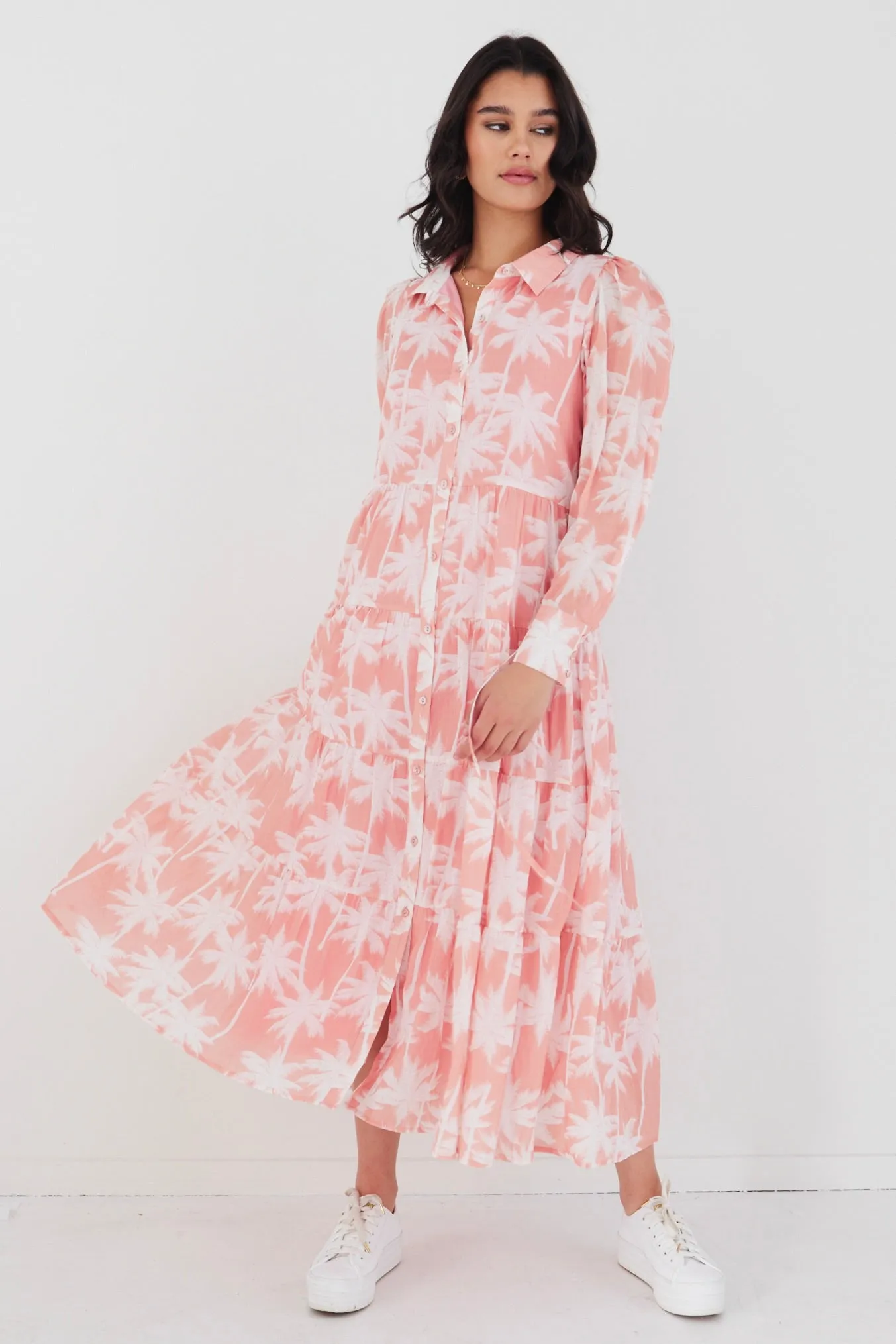 Adair Blush Palms Tiered Shirt Style Maxi Dress