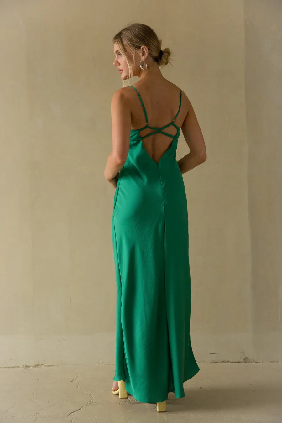 Adelai Open Back Satin Maxi Dress