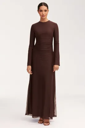 Adelina Rouched Mesh Maxi Dress - Chocolate Plum