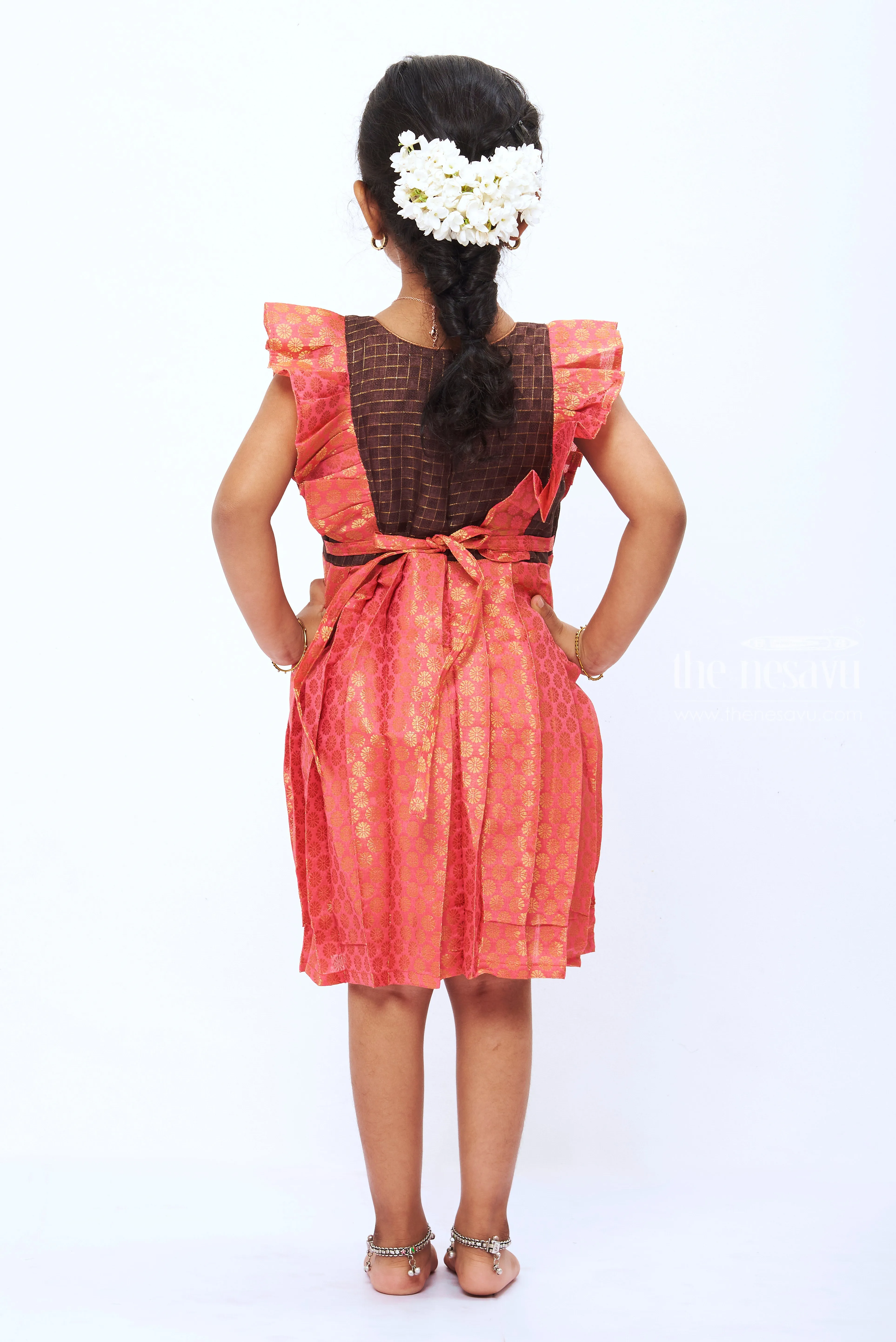 Adorable Pleated Semi-Silk with Ruffled Yoke Frock For Girls