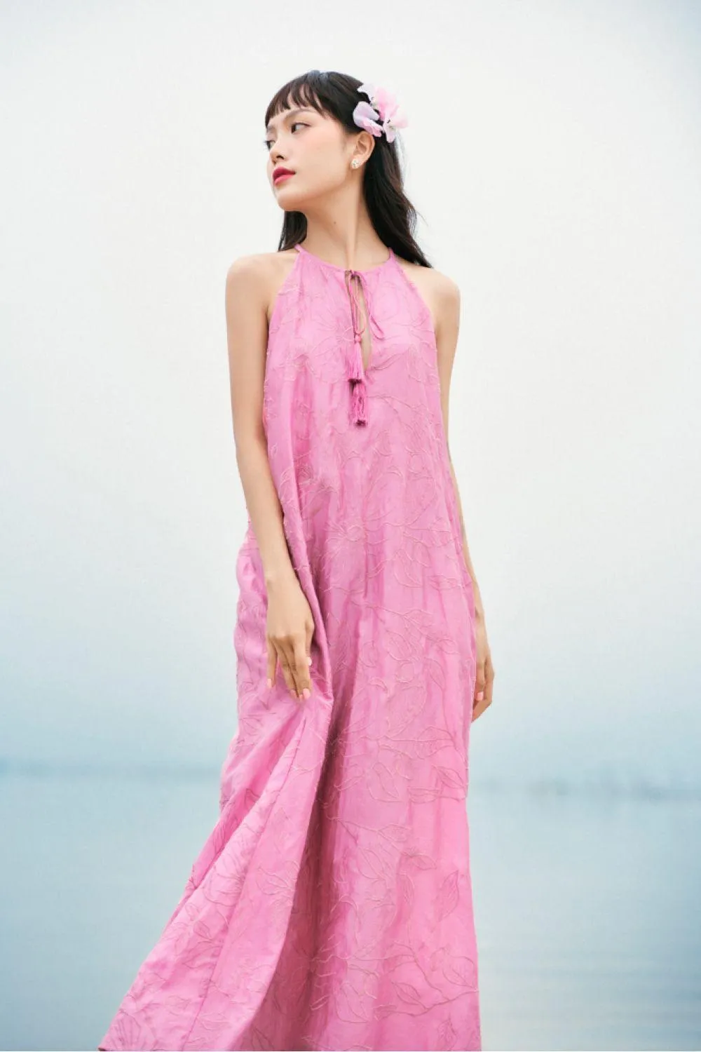 Ai Nhu Straight Halter Neck Synthetic Silk Maxi Dress