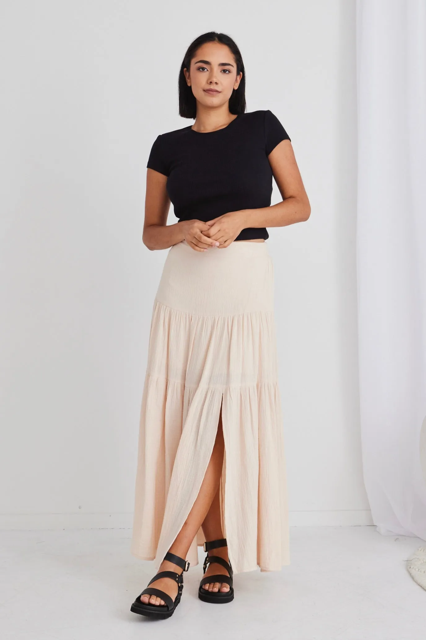 Alive Cream Muslin Elastic Back Tiered Maxi Skirt