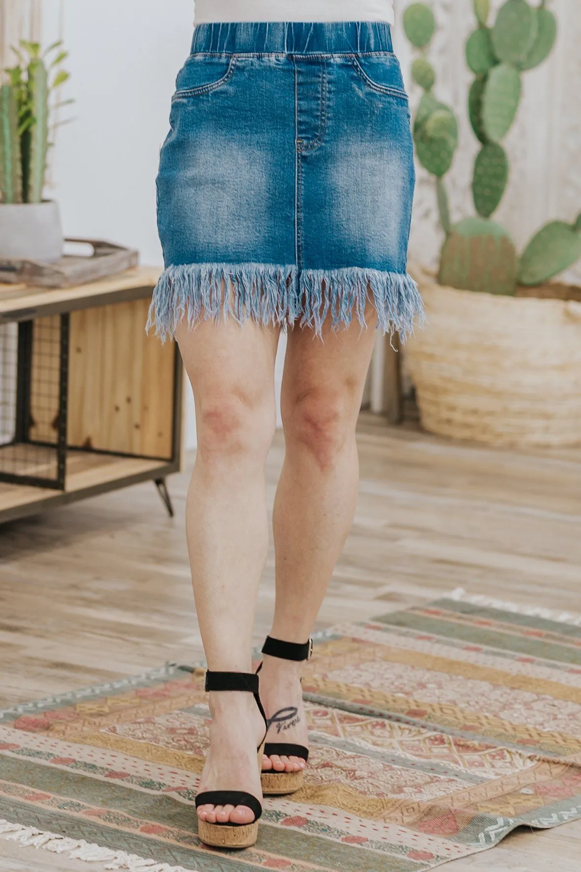 All About the Fringe Frayed Mini Skirt in Light Denim