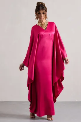 Alohi | Hot Pink Satin Plunge Cape Maxi Dress