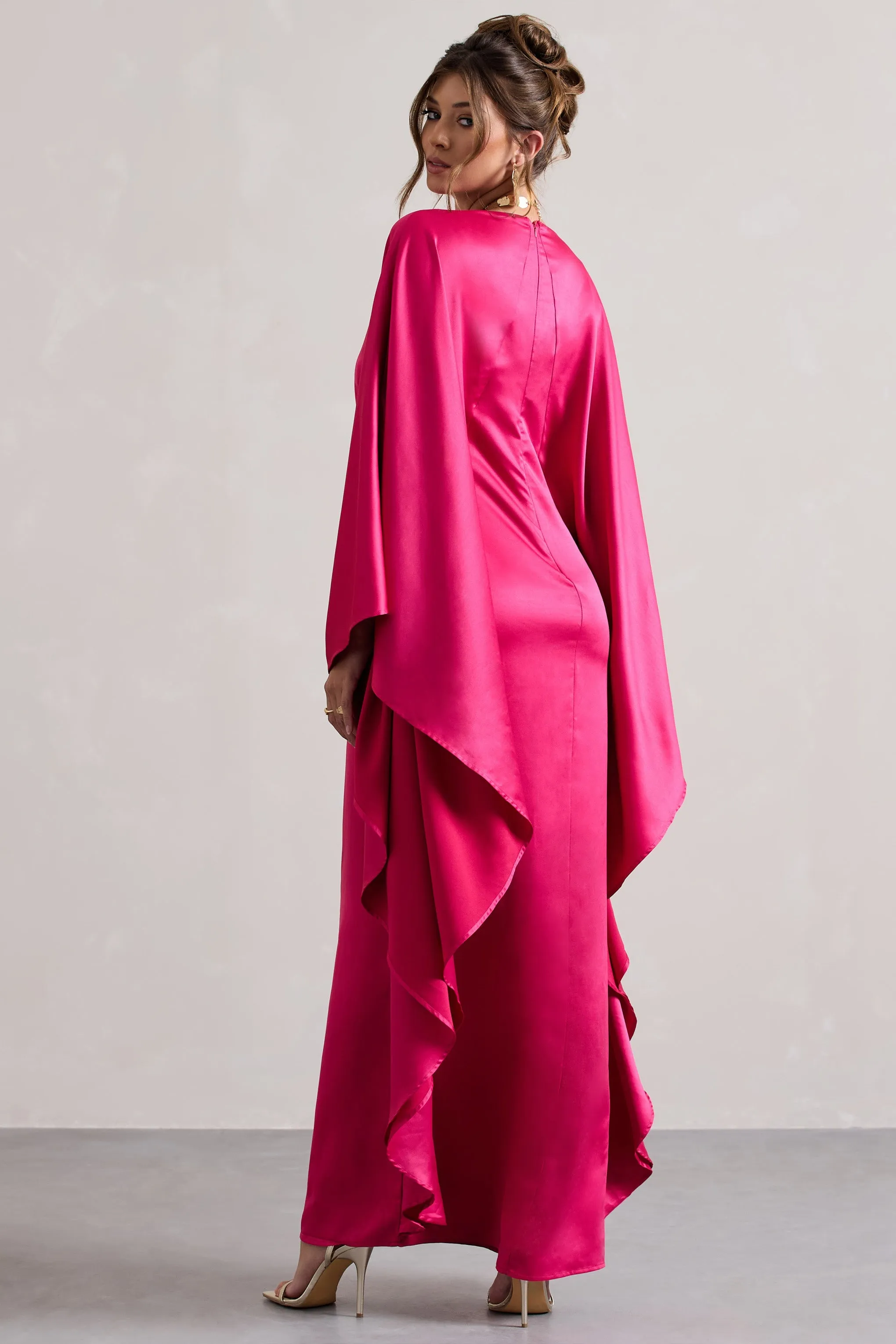 Alohi | Hot Pink Satin Plunge Cape Maxi Dress