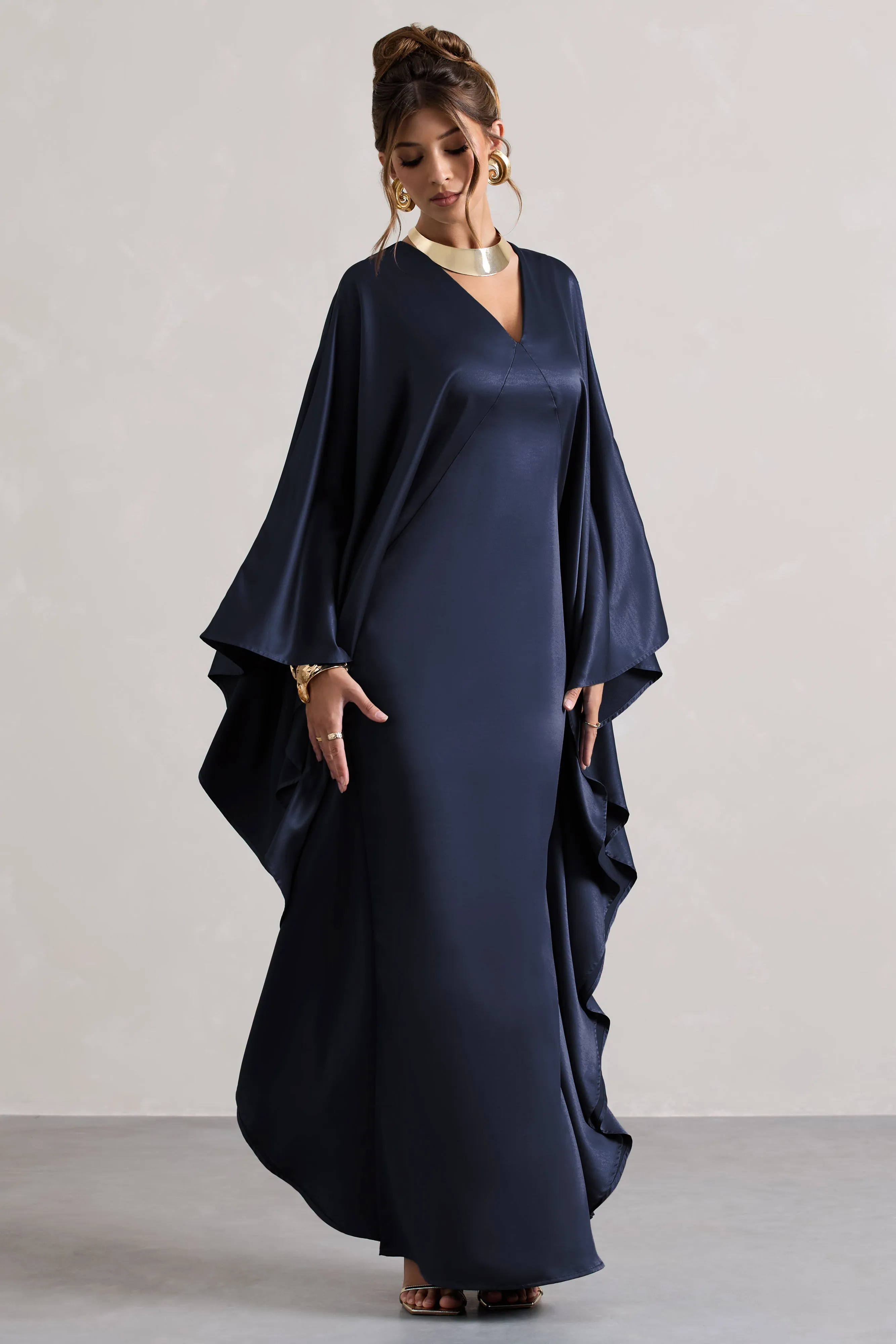 Alohi | Navy Satin Plunge Cape Maxi Dress