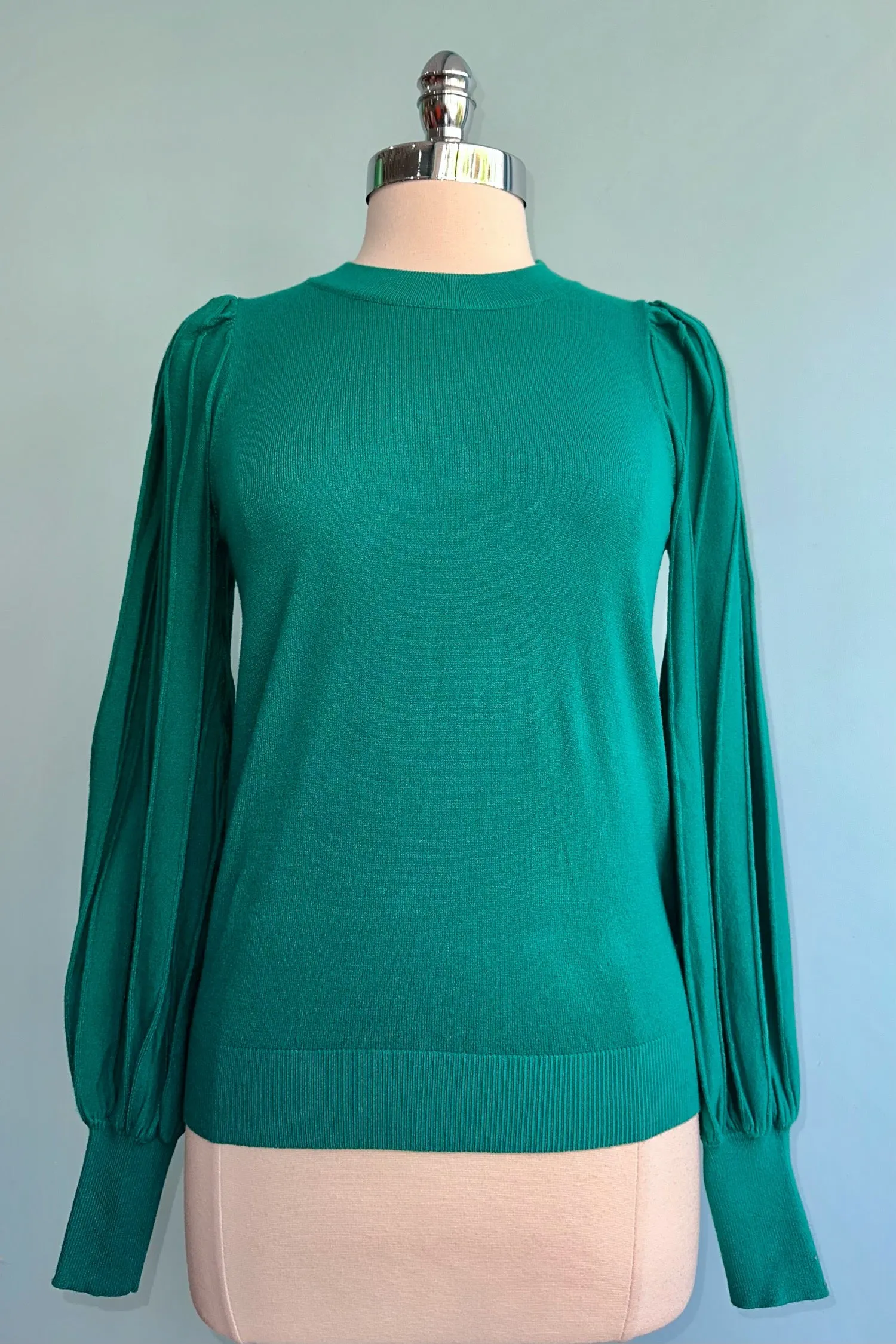 Alpine Green Striped Blouson Sleeve Pullover Sweater