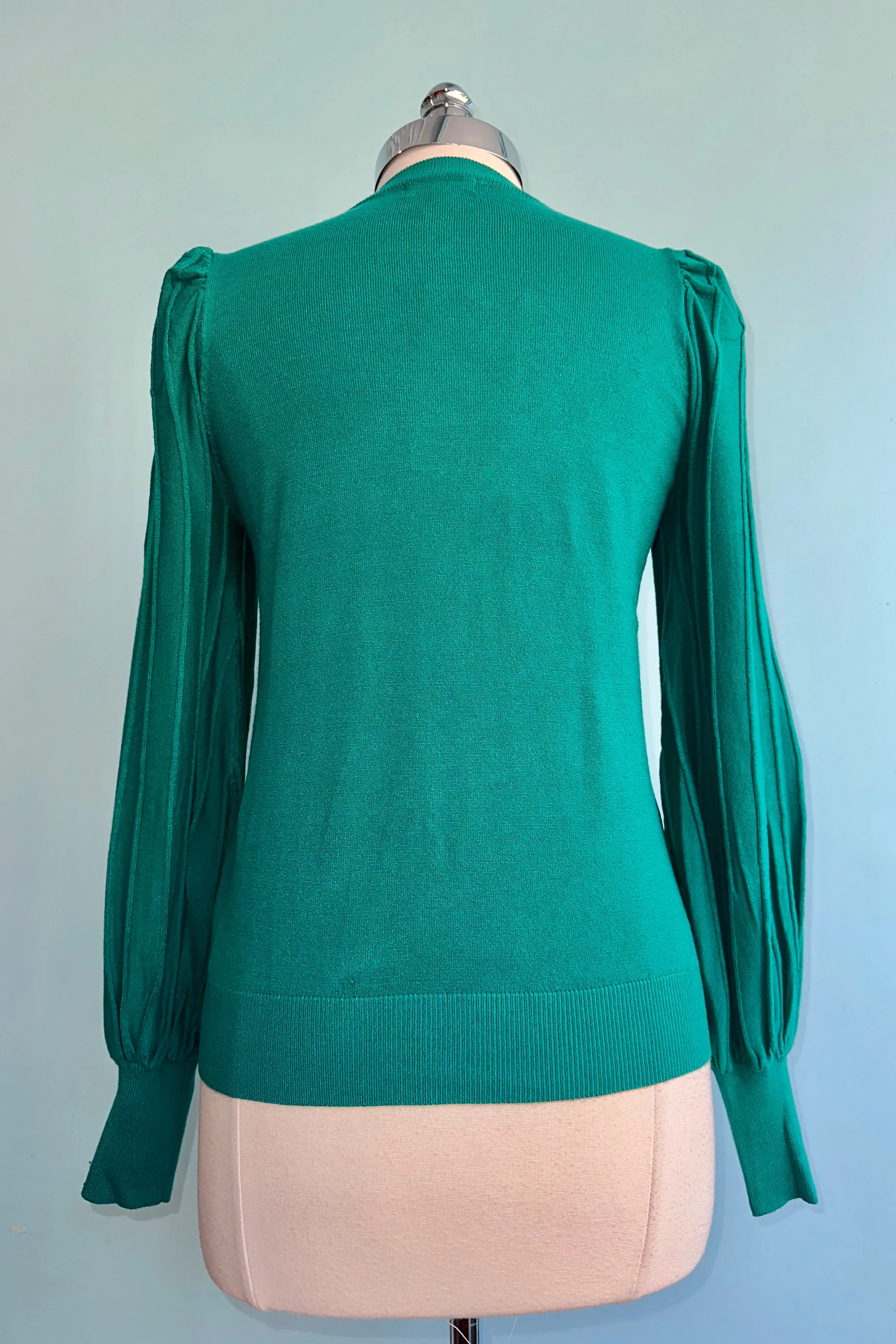 Alpine Green Striped Blouson Sleeve Pullover Sweater