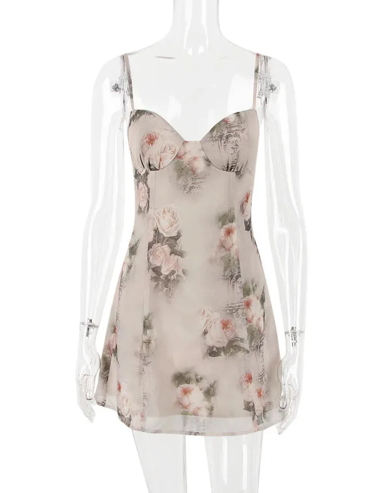 Amy Fashion - Chiffon Floral Print Spaghetti Strap Backless Boho Dress