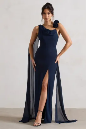 Angeline | Navy Chiffon Draped Split Maxi Dress With Corsages