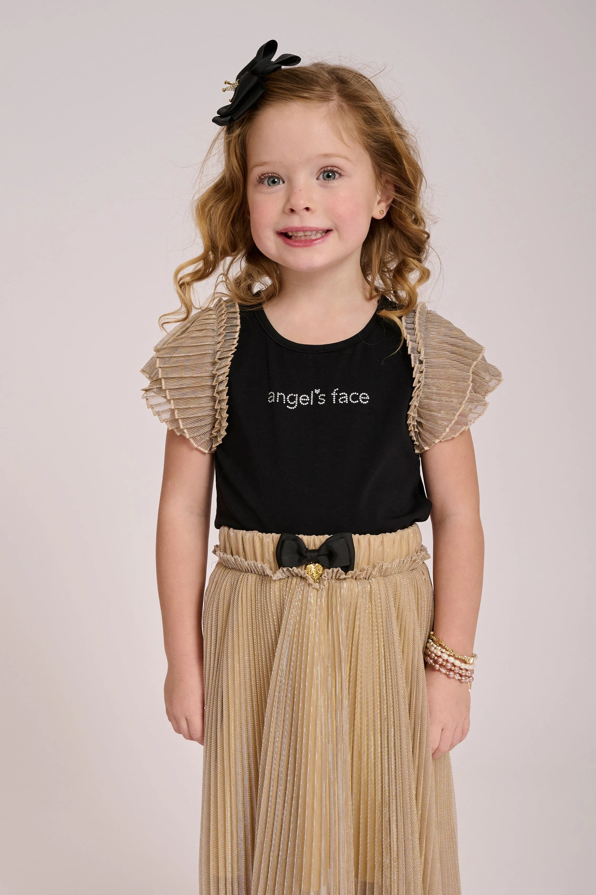 Angels Face Girls Piper Pleated Sleeve Top in Black