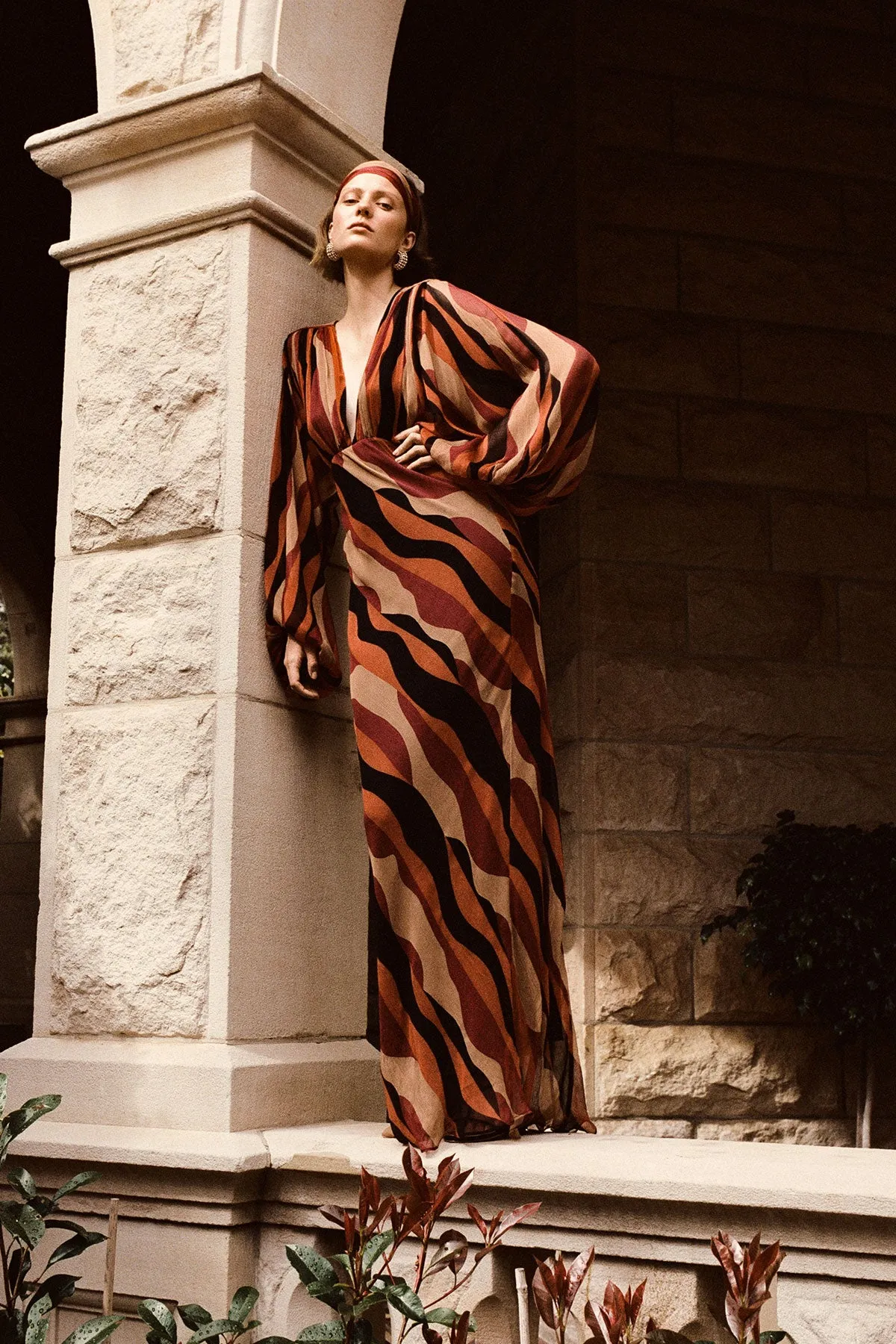 ANITA PLUNGE BALLOON SLEEVE MAXI DRESS