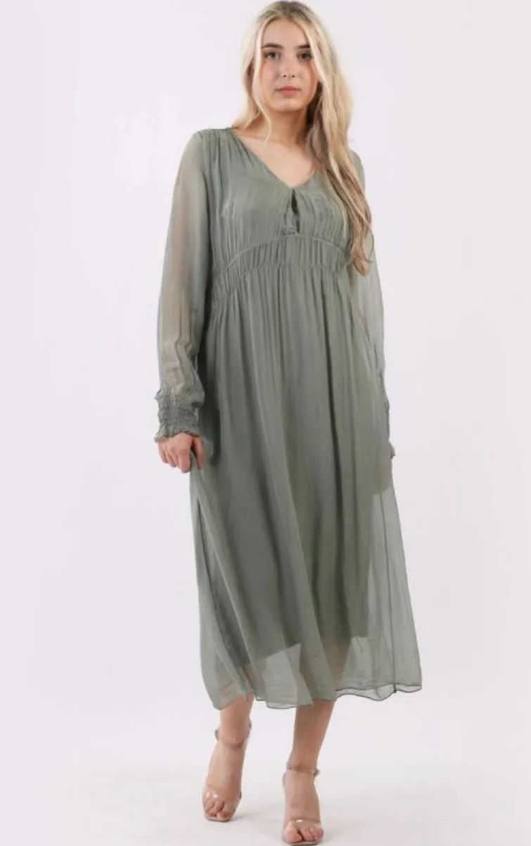 Anne   Kate Italian Plain Shirred Maxi Silk Dress