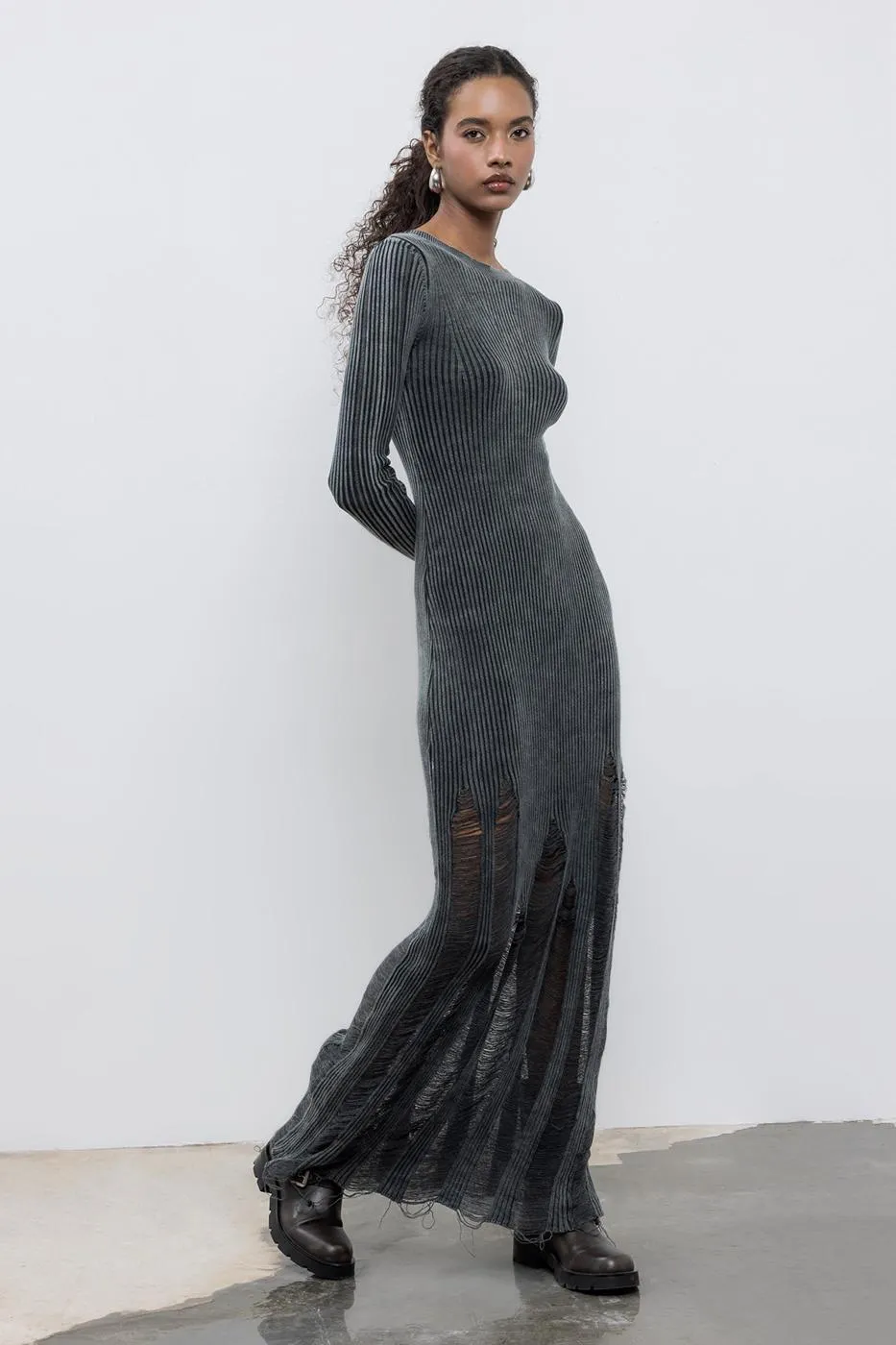 Anthracite Frayed Knitwear Pencil Long Dress