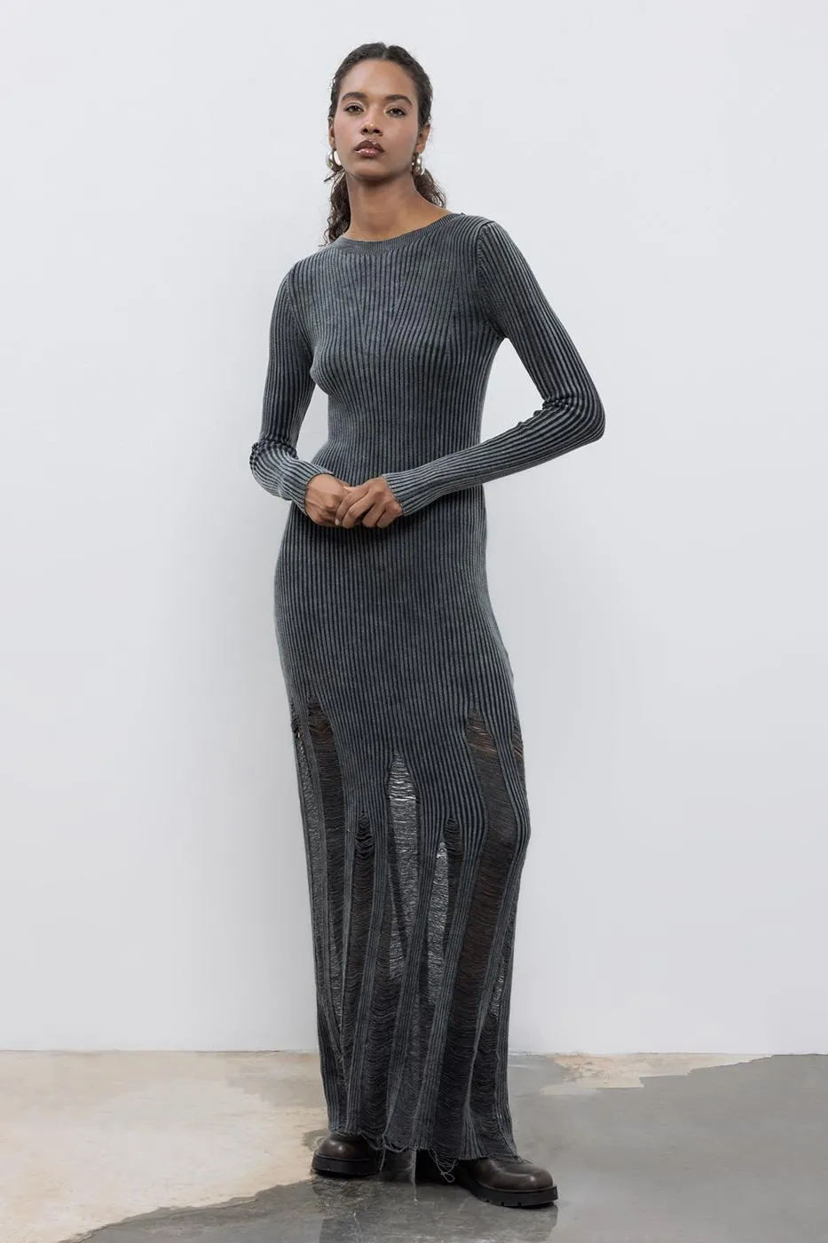 Anthracite Frayed Knitwear Pencil Long Dress