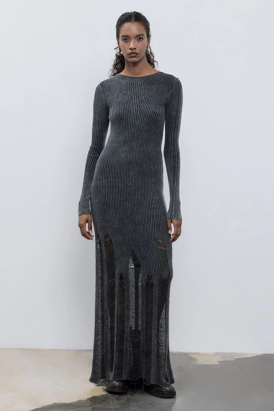 Anthracite Frayed Knitwear Pencil Long Dress