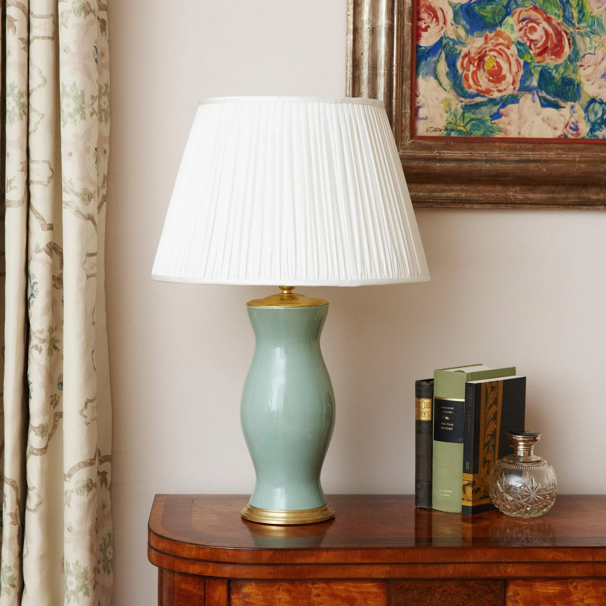 Artichoke Green Handblown Glass Lamp with Brass Accents