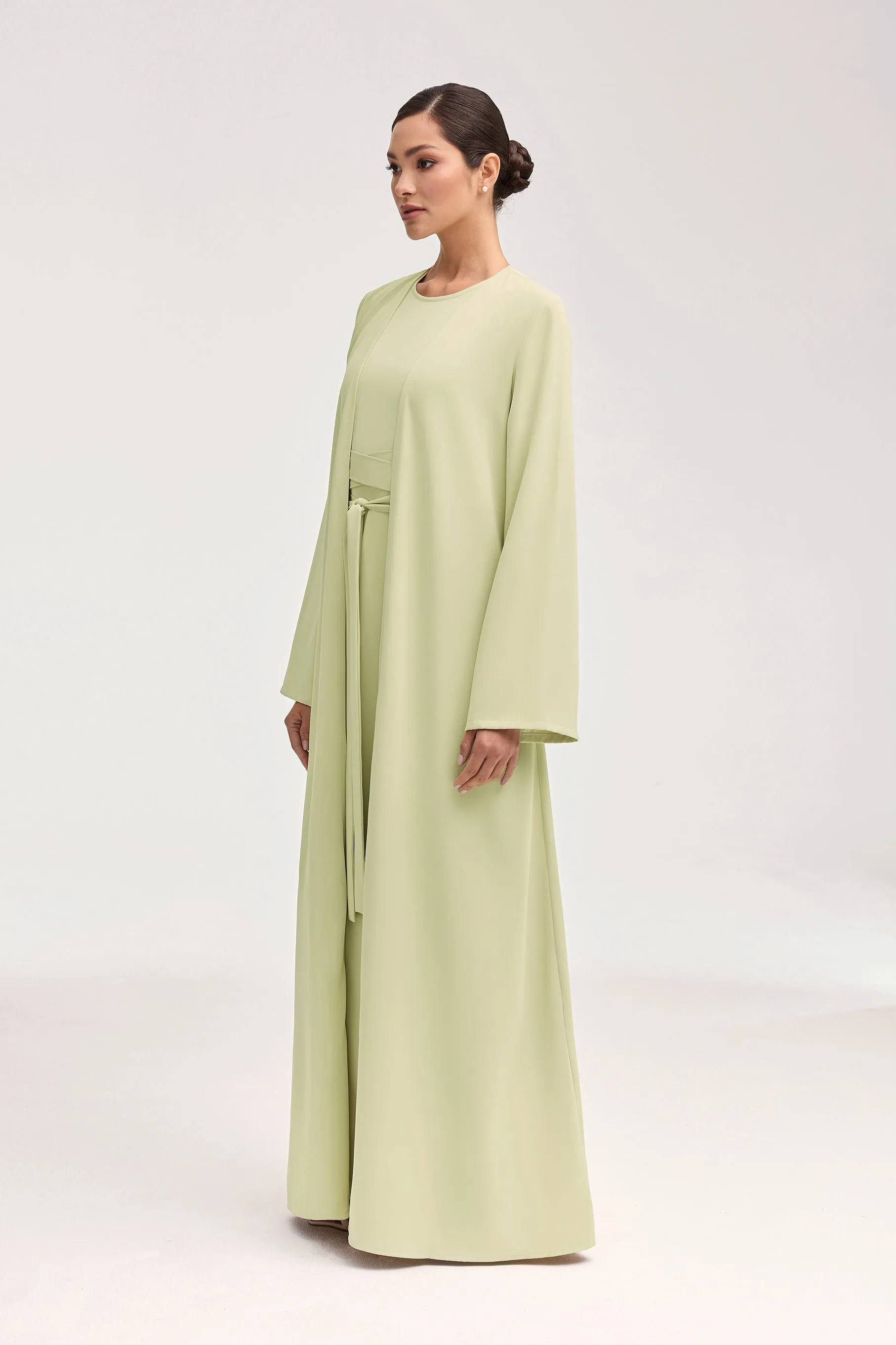 Asalah Wrap Waist Maxi Dress & Abaya Set - Pistachio